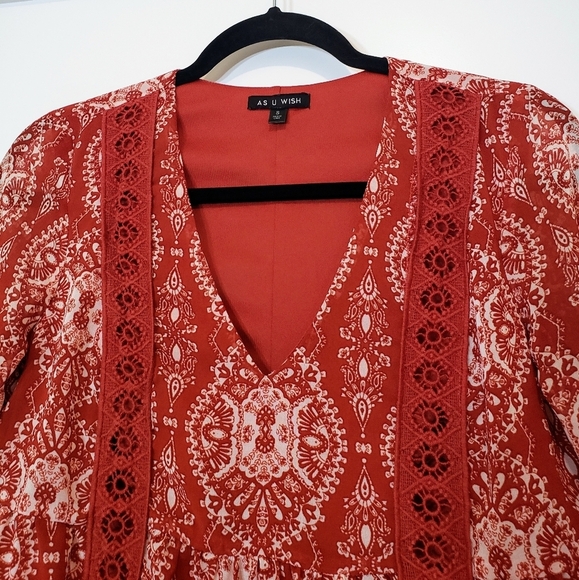 As U Wish Dress Cinnamon Rust Color Print Mini Boho Babydoll Lined Size … - Picture 3 of 16